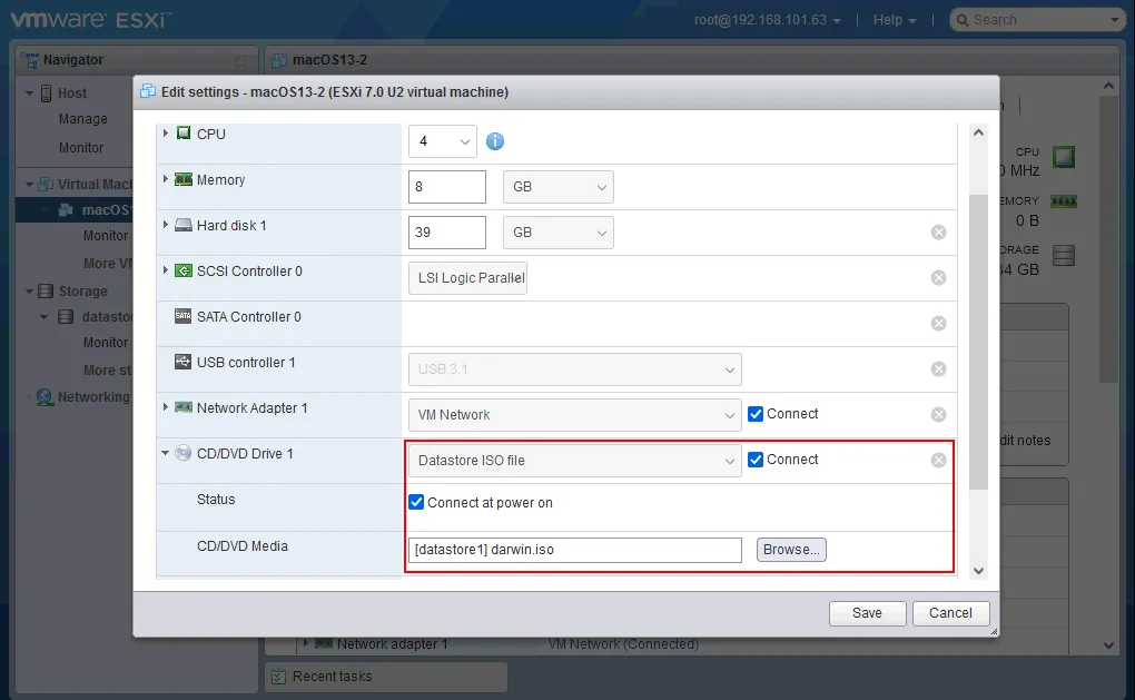 Mounting the VMware Tools installation ISO image to the macOS VM