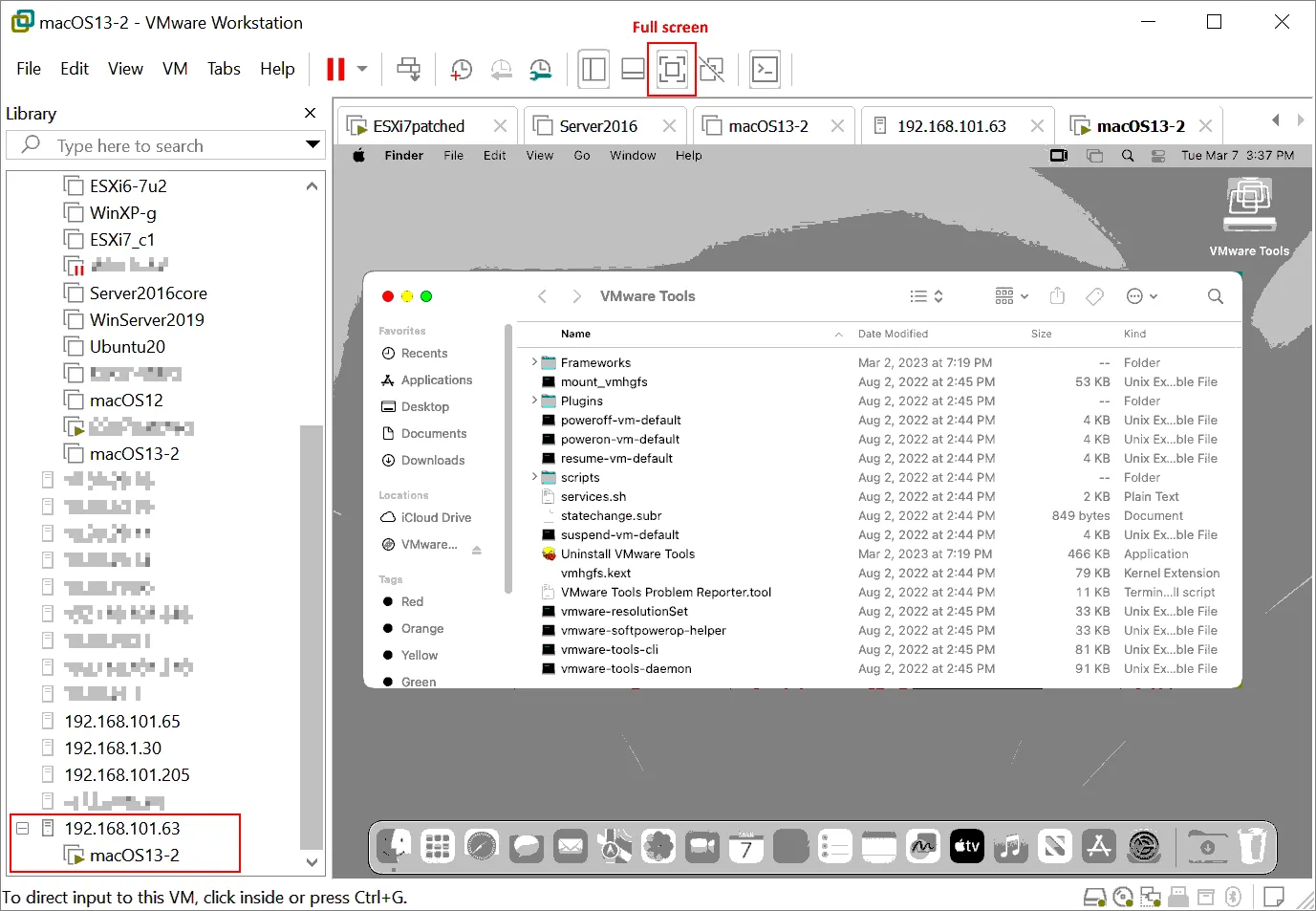 Entering the full screen mode with the Full HD resolution for the VM running macOS on VMware ESXi