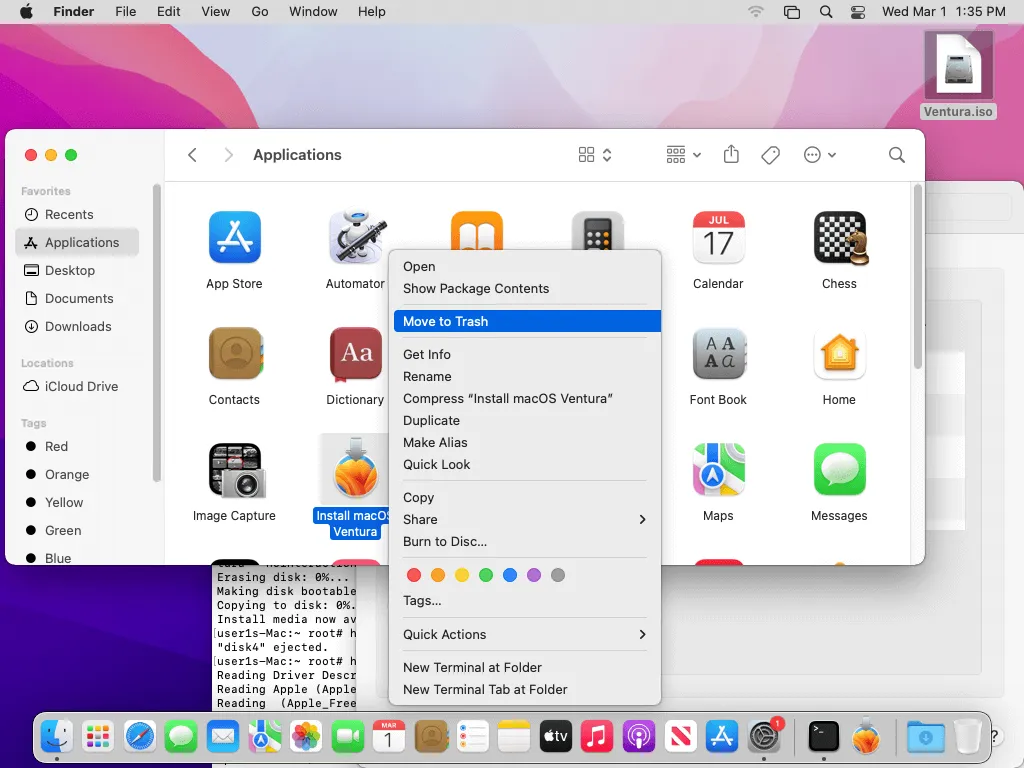 Deleting the Install macOS Ventura app after creating the ISO image 