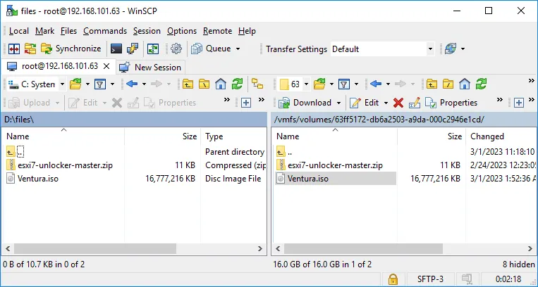 Copying the unlocker patch and macOS installer to the ESXi datastore 