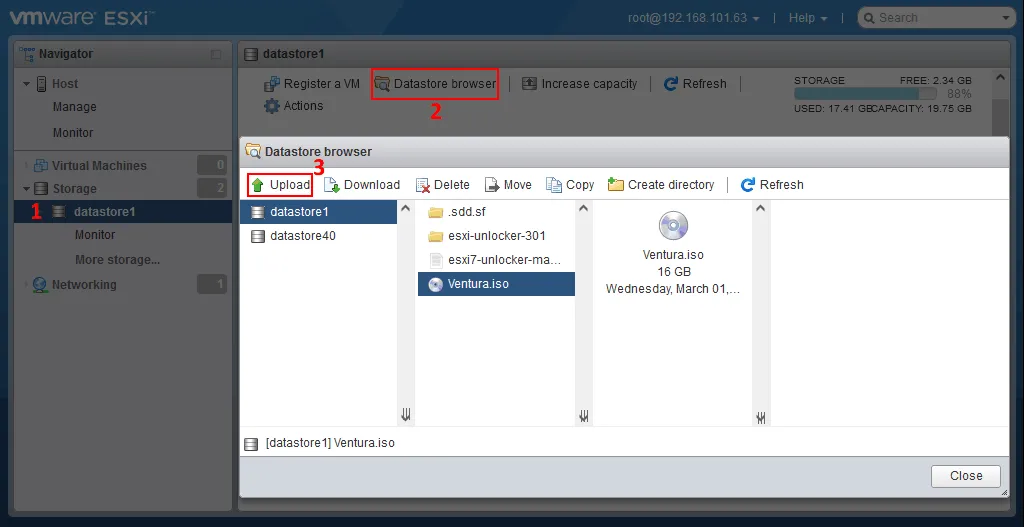 Uploading the patch and macOS installation image to the ESXi datastore 