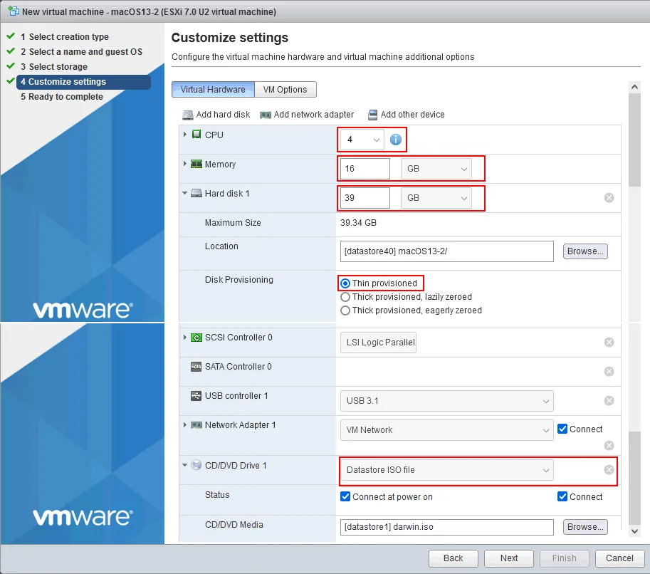 Editing the new macOS VM configuration and selecting the installation ISO image