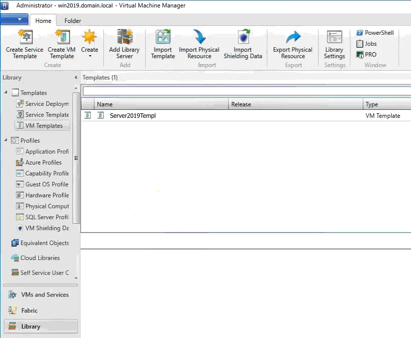 A Hyper-V virtual machine template has been created in SCVMM