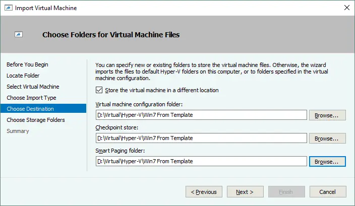 Choose folders for virtual machine files