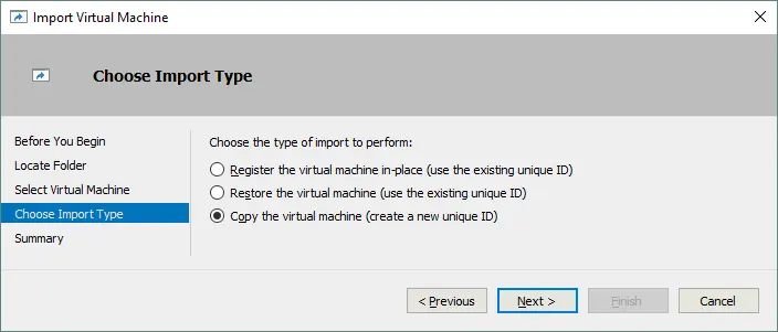 Choosing the VM import type