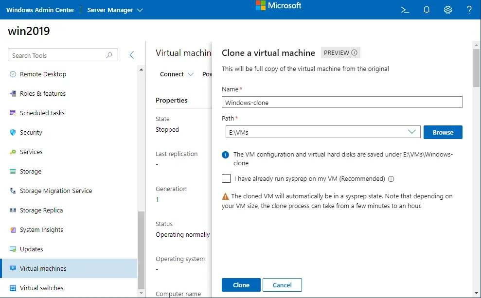 Entering a name for the Hyper-V VM clone