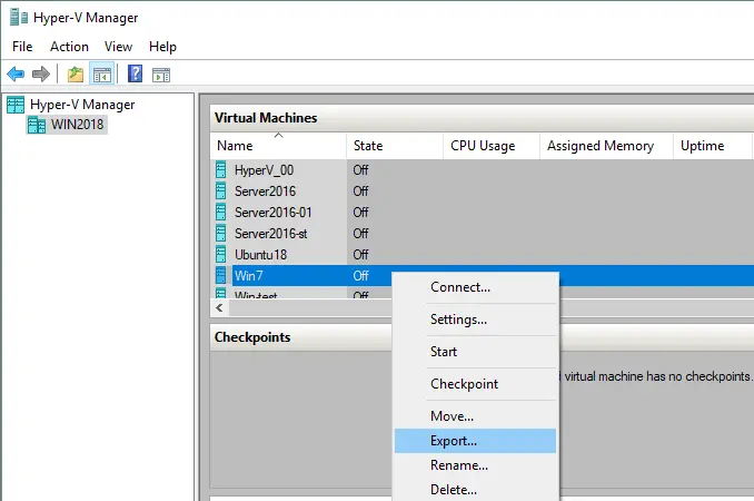 Exporting a VM to a Hyper-V VM template.