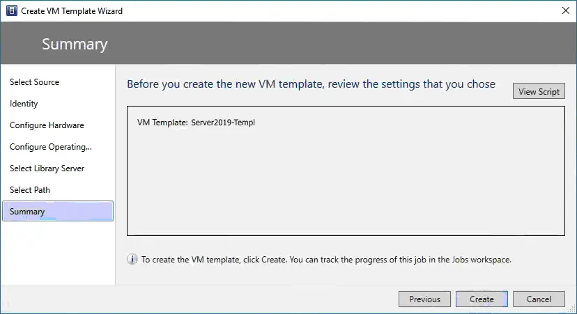 Hyper-V VM template configuration summary