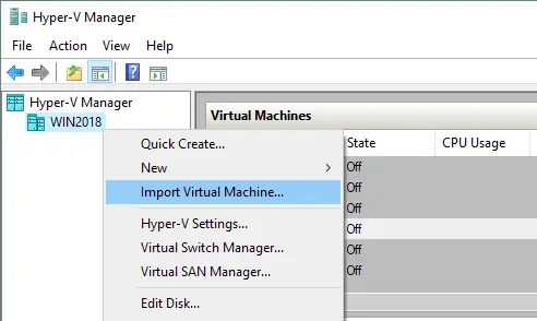 Importing a Hyper-V VM from a Hyper-V VM template.