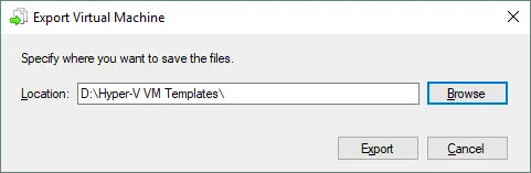 Selecting a folder to store Hyper-V VM templates.