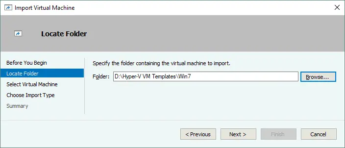 Selecting a folder with Hyper-V VM templates.