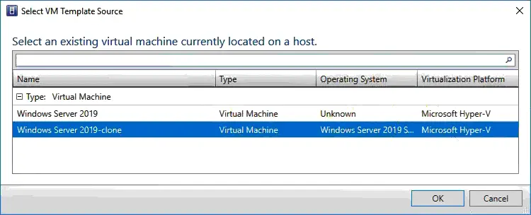 Selecting an existing VM clone to create a virtual machine template