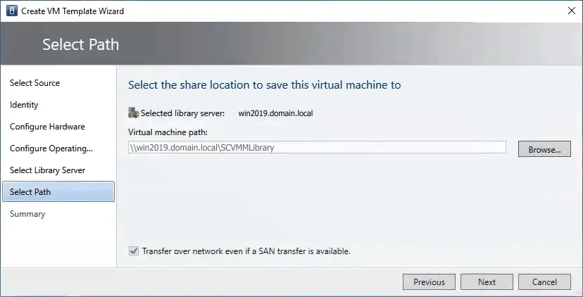Selecting the share location to save a Hyper-V VM template