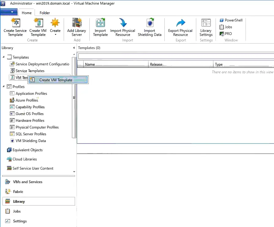 Starting to create a virtual machine template in SCVMM