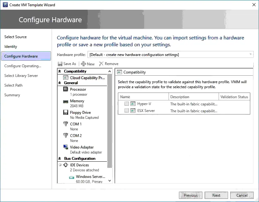 Virtual machine template hardware configuration