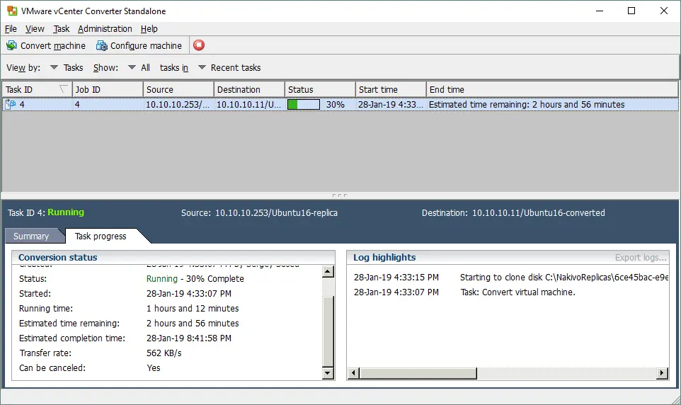 A Hyper-V VM is being converted to the VMware ESXi format