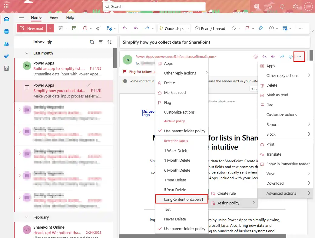 Applying a Microsoft 365 retention label to a specific item