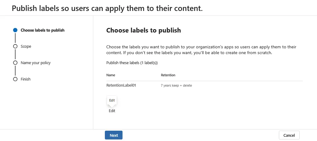 Choosing labels to publish in Office 365