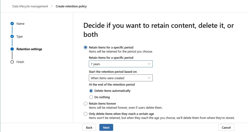 Configuring a policy to delete or retain items
