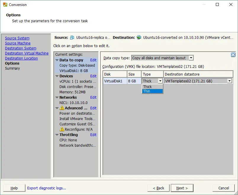 Configuring options for the VM conversion