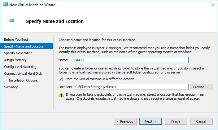 Entering a VM name and location