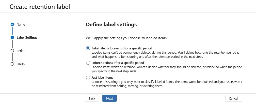 Retention label settings in Microsoft 365