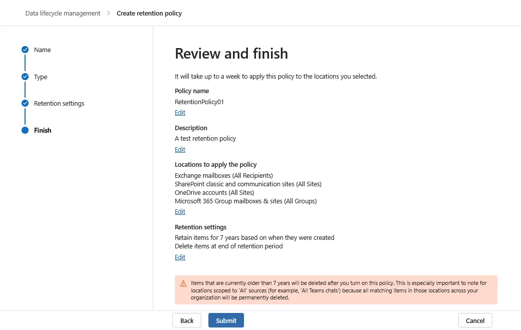 Reviewing settings and finishing