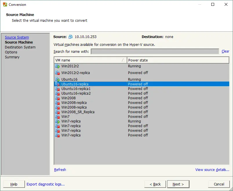 Selecting a source Hyper-V virtual machine