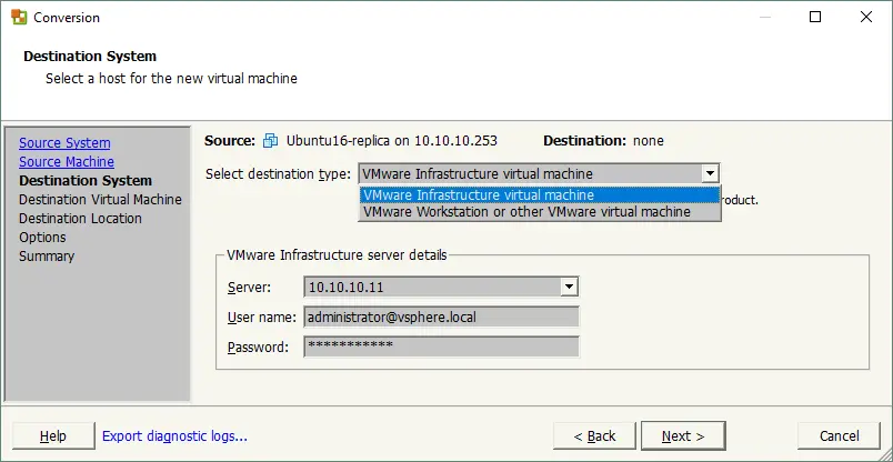 Selecting a VMware destination system