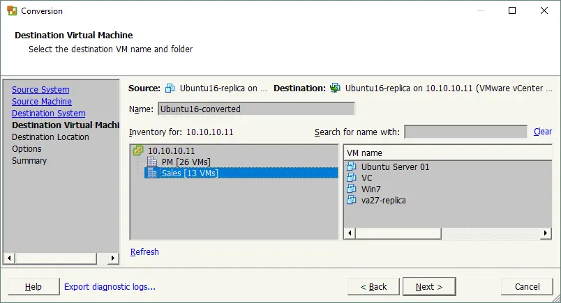 Selecting the parameters for the destination VMware VM