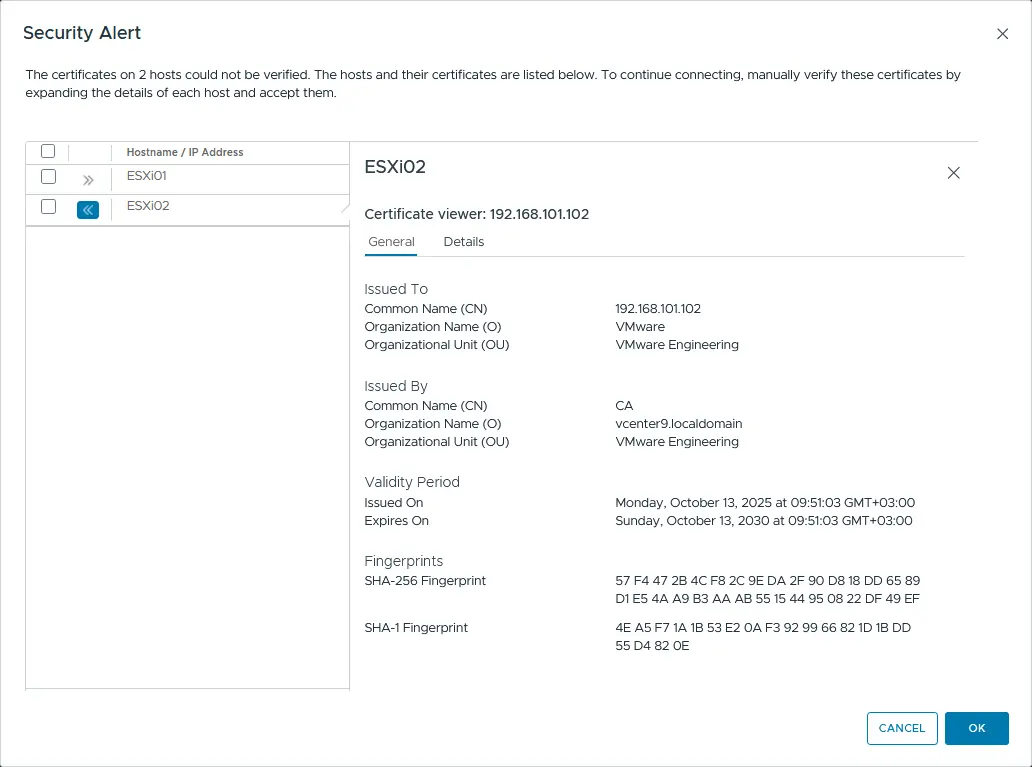 A certificate alert is displayed when adding the host