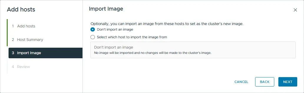 Choosing whether to import an image from the hosts