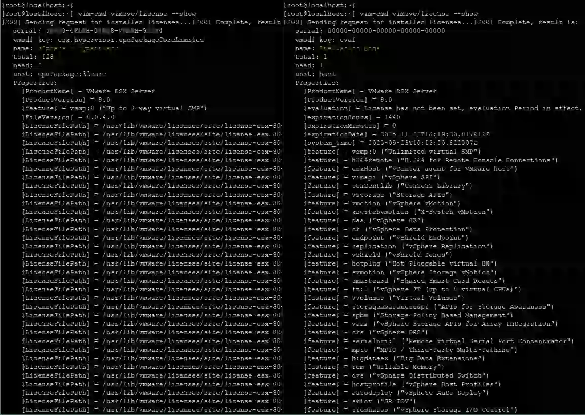 Comparing available features in the ESXi console for free ESXi and ESXi running in evaluation mode