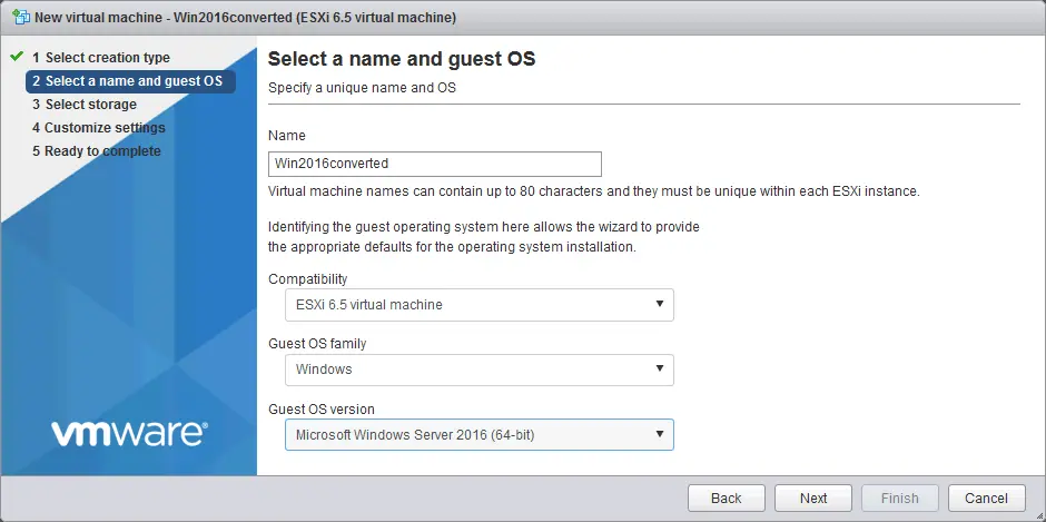 Creating a new VM to import a converted virtual disk