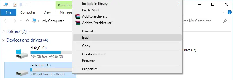 Eject the VHD disk in Windows when the disk is not in use