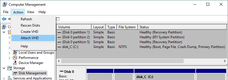 How to attach a VHD image in Windows