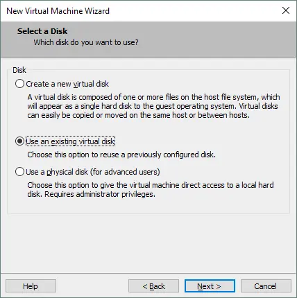 Select use an existing virtual disk