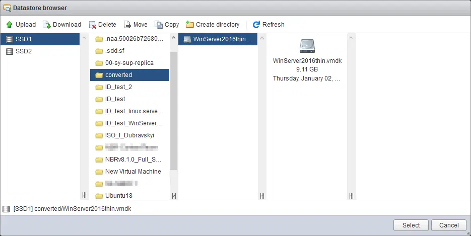 Selecting a converted virtual disk on a datastore