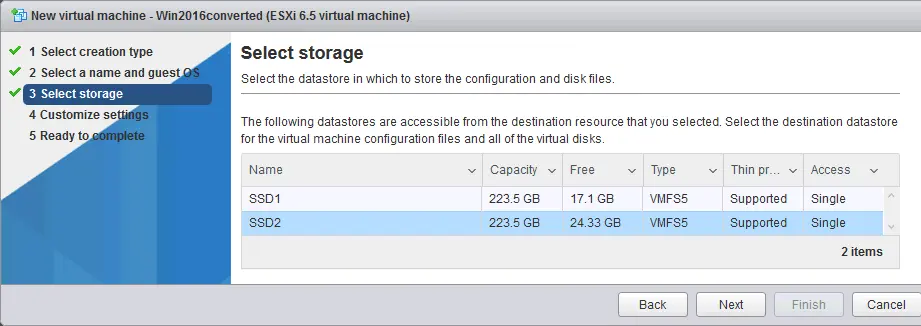 Selecting a datastore to store VM files