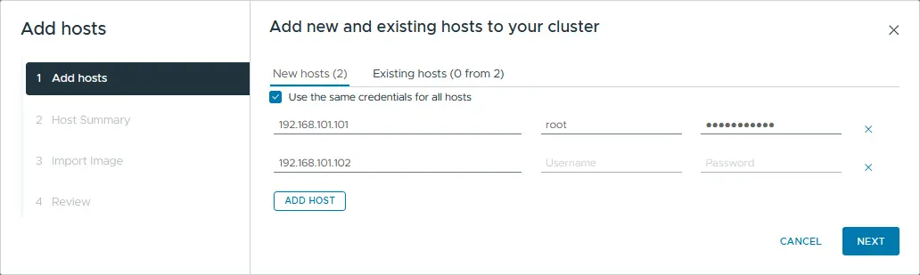 Selecting an ESXi host and entering the credentials