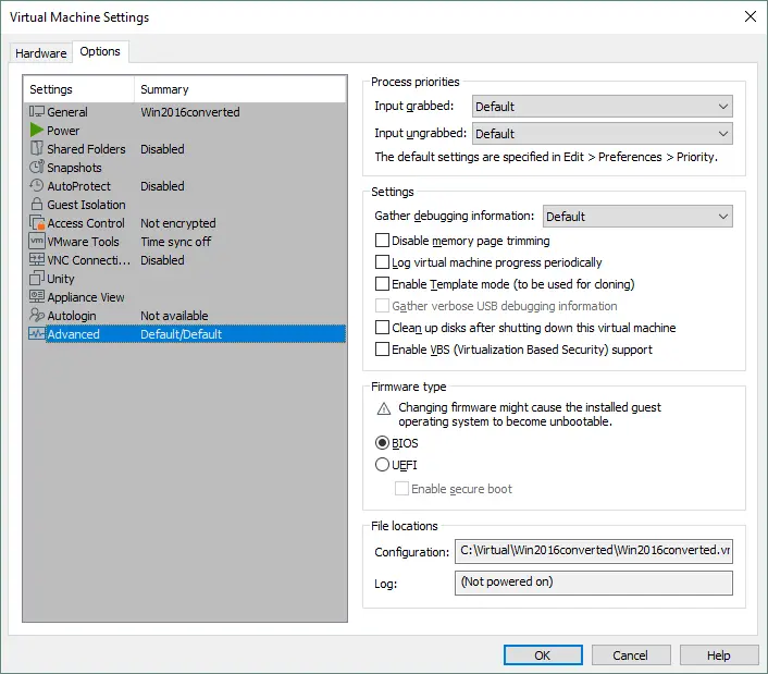 Selecting BIOS in the options of the destination VMware VM