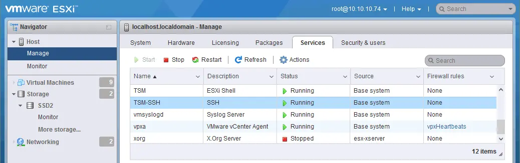 SSH access is enabled on the ESXi host