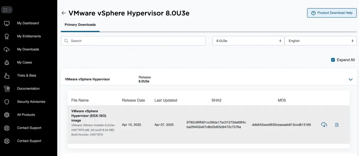 The ESXi download page on the Broadcom website