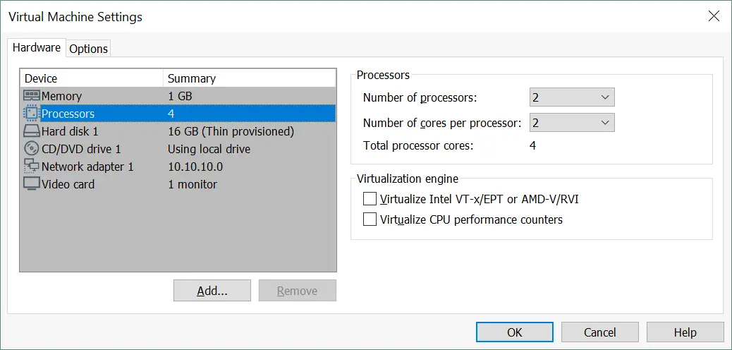 the number of cores per CPU for vSphere VMs in VMware Workstation