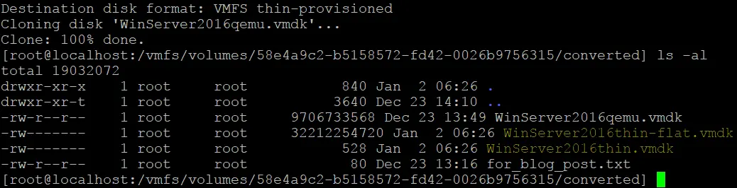 The virtual disk is converted to a VMDK of the ESXi format
