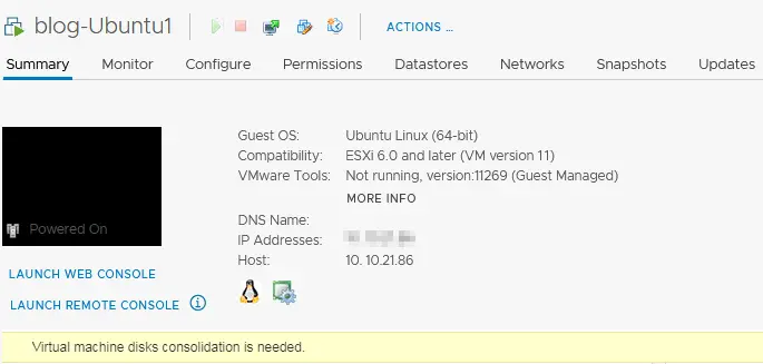 The virtual machine consolidation needed status error is displayed in vSphere Client