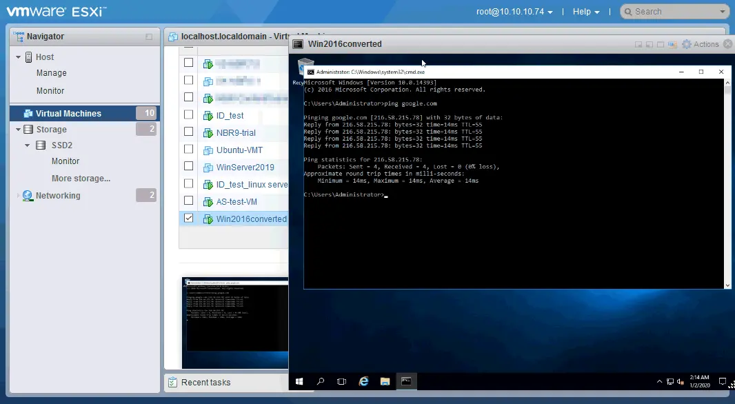 The VM using the converted disk is operating properly on ESXi