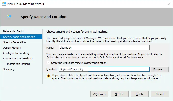 Choosing the name and location for the VM