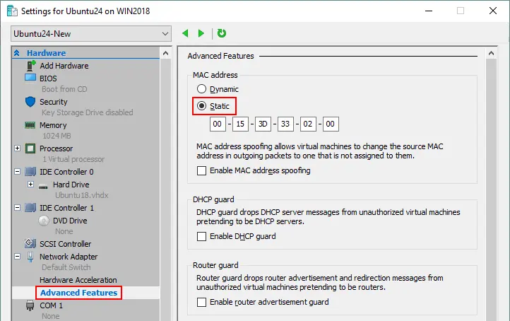 Defining a static MAC address for the virtual network adapter