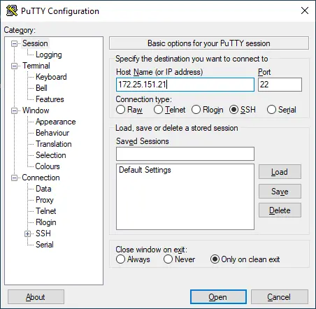PuTTY configuration